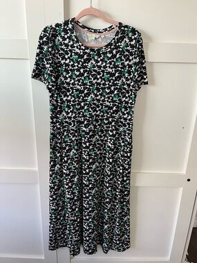 Boden Black & White Floral Midi Dress with Green Accents